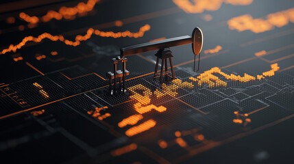 Poster - Oil pump jack on digital graph background representing market trends