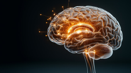 Poster - close up of human brain with glowing neural connections, showcasing complexity and beauty
