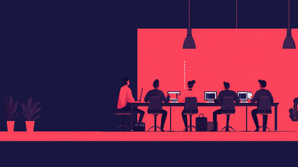 Poster - modern office scene with employees working at desks, focused and collaborative