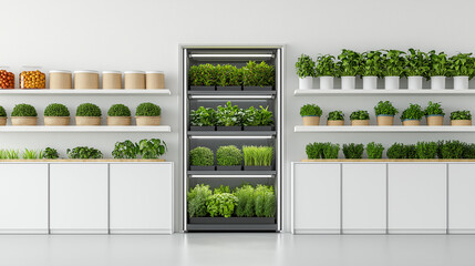 Wall Mural - modern indoor garden with shelves of fresh herbs and vegetables