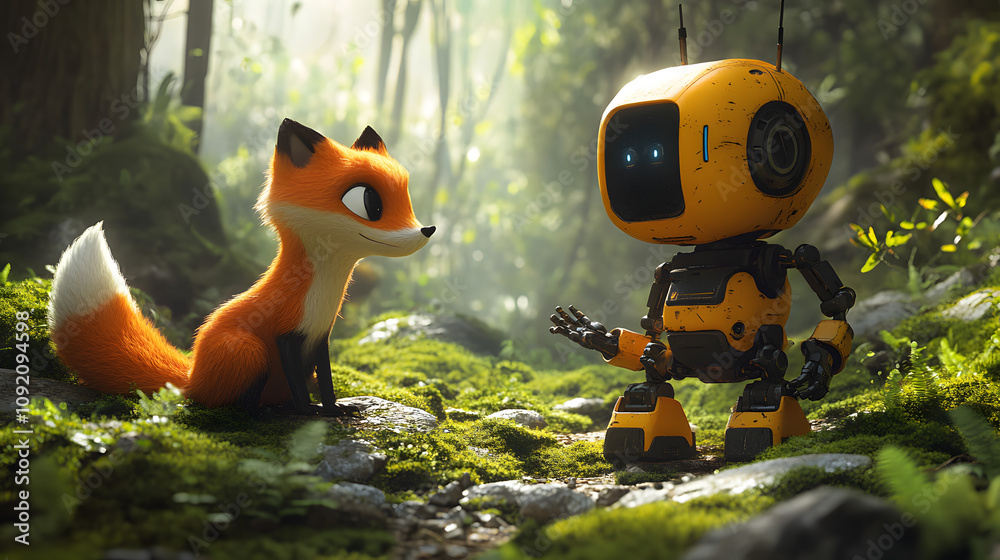 character robot make friends with animal Stock Illustration | Adobe Stock