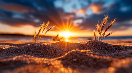Poster - serene beach landscape at sunset with golden grasses