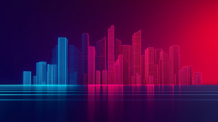 Poster - futuristic city skyline with neon blue and red lights reflecting