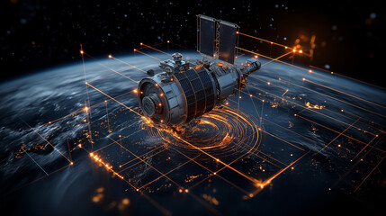 Fototapete - satellite transmitting data to Earth, showcasing advanced technology and connectivity