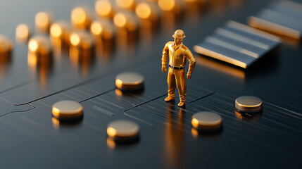 Fototapete - miniature construction worker stands on circuit board surrounded by coins, symbolizing industry and