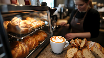 Wall Mural - A barista preparing a cup of espresso in a coffee shop with a display of freshly baked bread and cakes on the counter 