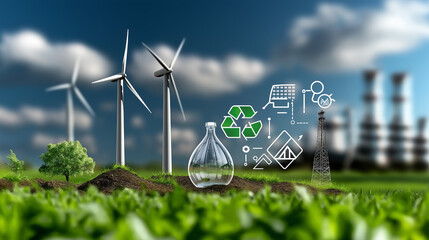 Aufkleber - Sustainable energy with wind turbines, green technology, and eco friendly symbols