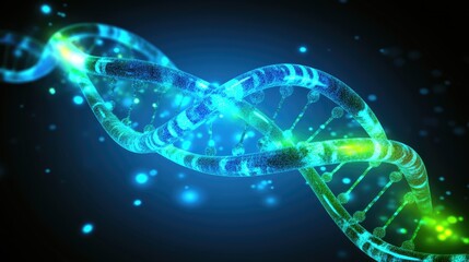 Poster - glowing blue and green dna strands on a high-tech abstract grid, symbolizing advanced genetic resear