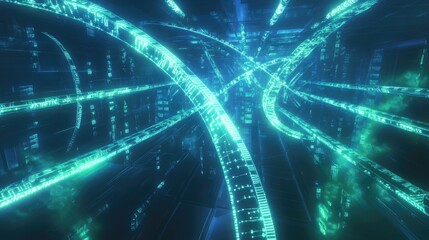 Poster - glowing blue and green dna strands on a high-tech abstract grid, symbolizing advanced genetic resear