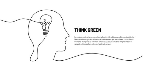 Wall Mural - Light bulb inside a human head in continuous one line drawing. Creativity and insight concept.