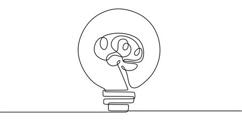 Wall Mural - brain lights up inside a light bulb in one line drawing. cognitive enlightenment and inspiration.