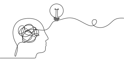 Wall Mural - brain in a maze connected to light bulbs in one line drawing. finding solutions in psychology.