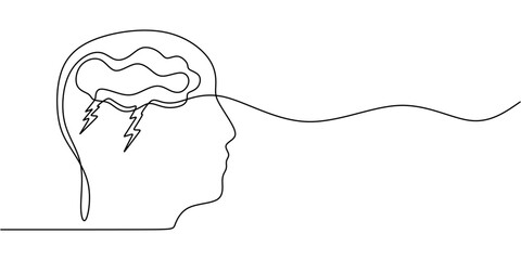 Wall Mural - Face with a storm inside in continuous one line drawing. Emotional turmoil and inner conflict.