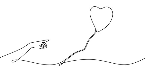 Wall Mural - Floating heart-shaped balloon in one line drawing. Symbolizing love's light and free spirit.