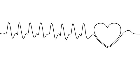 Wall Mural - Heart with Pulse Wave. Continuous One Line Drawing Representing Love, Life, and Emotional Heartbeat.