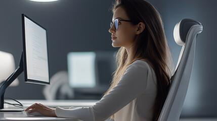 Poster - Focused businesswoman working on computer in modern office