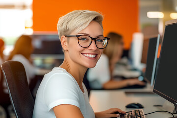 Poster - Smiling female office employee working on computer in modern office: