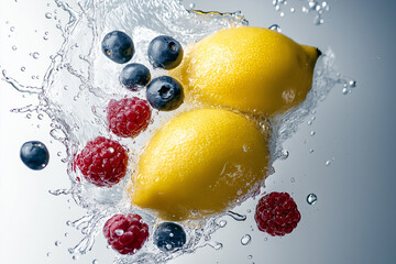Poster - Lemons, raspberries, and blueberries splashing in water