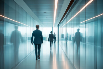 Poster - Businesspeople walking in modern office corridor with glass walls
