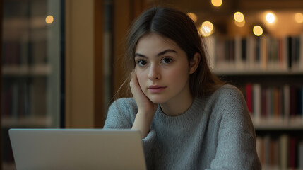 Poster - Young student working on laptop in university library: