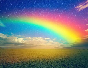 Wall Mural - rainbow and clouds in the sky over a rural countryside green grass field