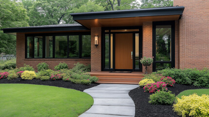 Poster - Modern brick house exterior showing front door, landscaping, and windows