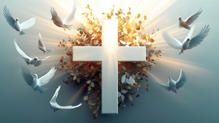 Wall Mural - White doves flying around christian cross with golden leaves and bright light