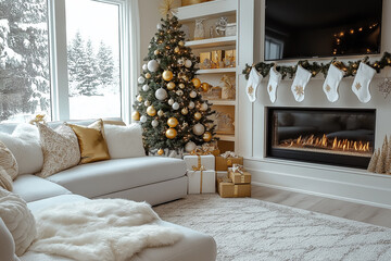 Poster - Christmas tree illuminating cozy living room with fireplace and gifts