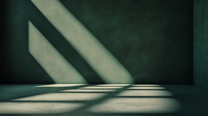 Poster - Empty room with light beams entering through window, creating shadows on green wall