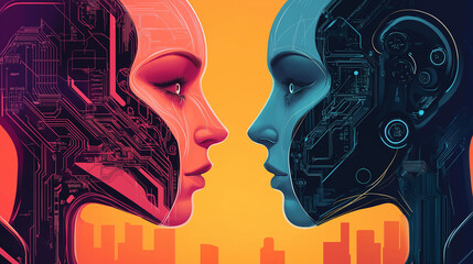 Poster - Two cyborgs face to face showing circuits and futuristic city