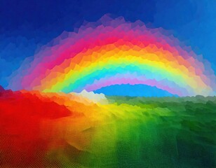 Wall Mural - rainbow and clouds in the sky over a rural countryside green grass field