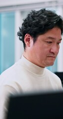 Aufkleber - Office, web design and business Asian man on computer for networking, online and website at research center. Creative, startup and Japanese person on tech for software, programming and management