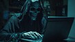 © sirisakboakaew - Scary dangerous hacker dressed as Grim Reaper, secretly working on laptop, symbolizing financial fraud online