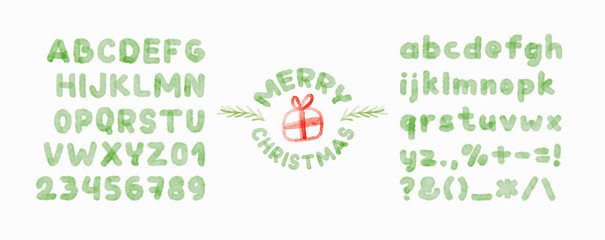 Poster - Christmas Watercolor alphabet, including letters, numbers. Xmas paint fonts. Vector illustration