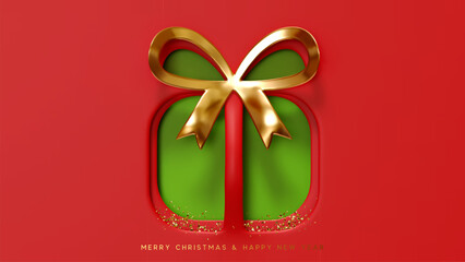 Wall Mural - merry christmas and happy new year. paper cut and embossed design christmas gift shaped and golden b