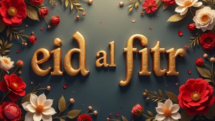 Aufkleber - A gold embossed sign with red flowers and gold letters that say Eid al-Fitr