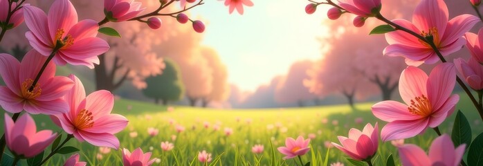 Poster - A beautiful field of pink flowers with a tree in the background