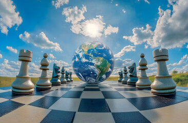 Poster - planet earth sits on a chessboard against the sky. chess pieces are placed in front of the earth. co