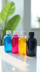Poster - A row of colorful bottles with different colored liquids inside