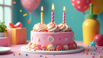 Poster - A pink birthday cake with three candles on top and a cupcake on the right
