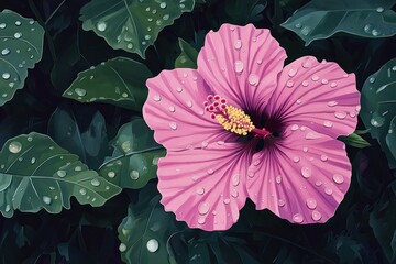 Poster - A single pink hibiscus flower with raindrops on its petals, surrounded by green leaves.