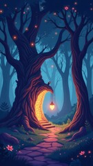 Fototapete - A forest with a moon in the sky and a path leading through it