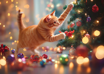 Poster - A playful orange cat playfully jumps to cut Christmas tree decorations, with colorful ornaments scattered around the room. The background is adorned with festive lights and a decorated Christmas tree.