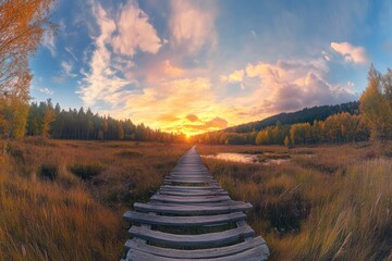 Wall Mural - A wooden path leads through a grassy field towards a vibrant sunset with a blue sky and puffy clouds.