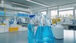 © raja - A close-up of four blue cleaning bottles with sprayers and pumps on a stainless steel lab counter in a laboratory setting.