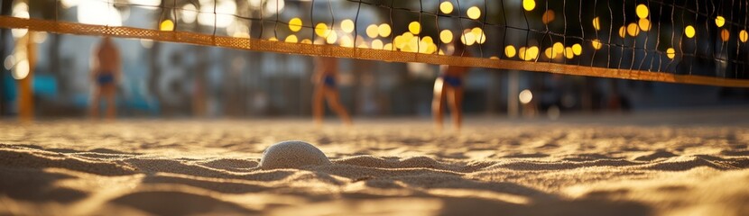 Poster - A beach volleyball scene with a ball resting on sand and players in the background.