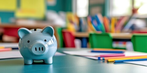Aufkleber - A blue piggy bank on a classroom table surrounded by colorful stationery and papers.