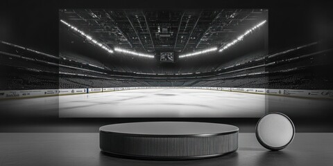 Poster - A modern display of an ice hockey rink with a sleek design and puck for sports enjoyment.