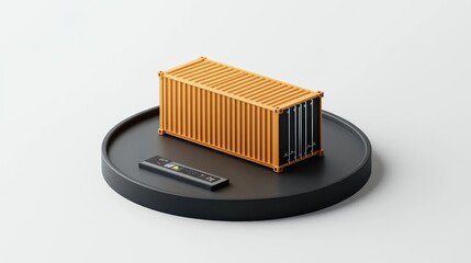 Poster - A 3D model of an orange shipping container on a display stand with a remote control.