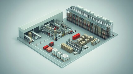 Poster - A 3D model of a warehouse layout with storage, shelves, and goods for distribution.
